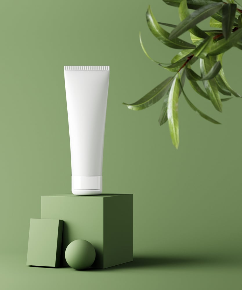 Natural cosmetic minimal stage for product presentation. Cosmetic jar podium and green leaf on monochrome background. 3d render